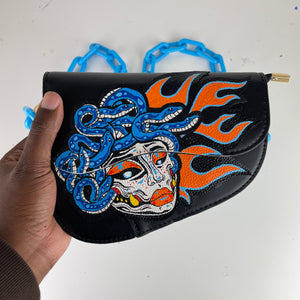 -Hand Painted Medusa Saddle Bag Blue Chain-